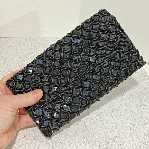Vintage Mid Century Black Satin Sequins & Beaded Dressy Purse Made in Hong Kong - Picture 5 of 8